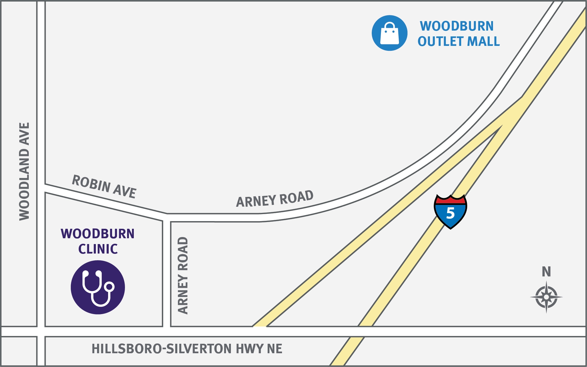 Salem Health Medical Clinic - Woodburn map This map shows where the Woodburn clinic is located, near the outlet mall.