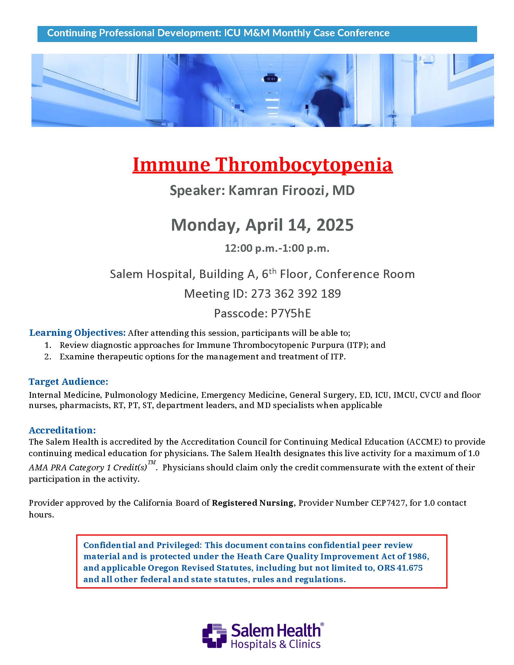 Flyer for April 14 Immune Thrombocytopenia presentation