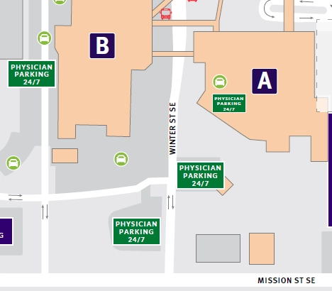Map shows where physicians may park as of Feb. 2, 2020.