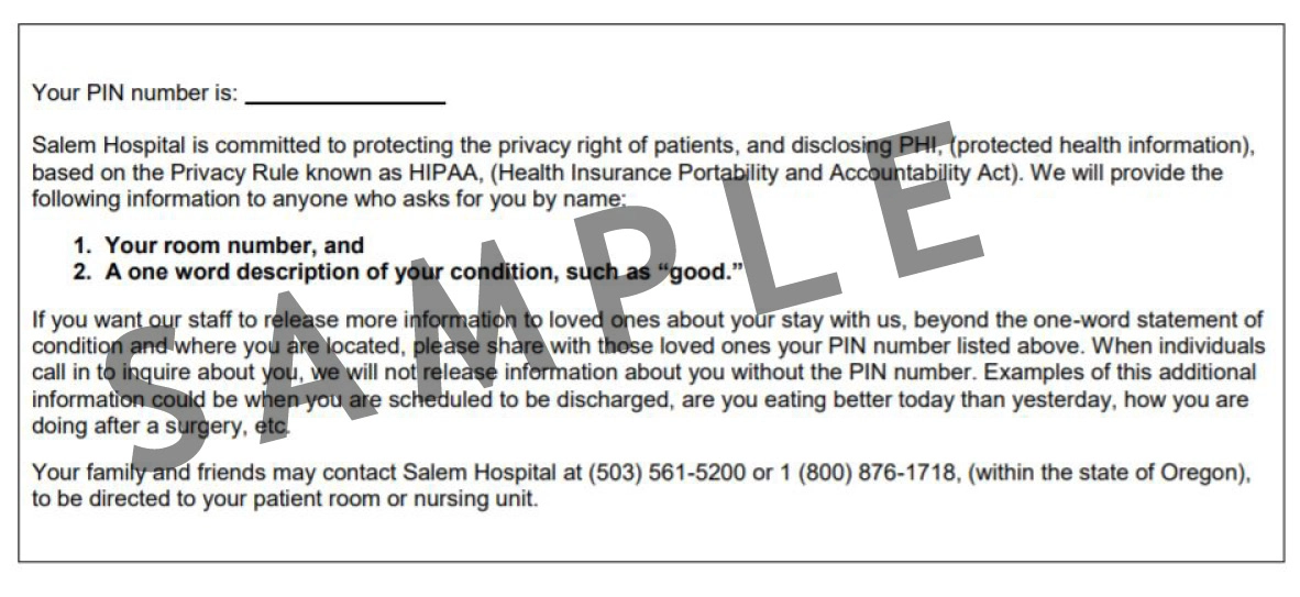 PIN form example for SNI patients in the patient guide