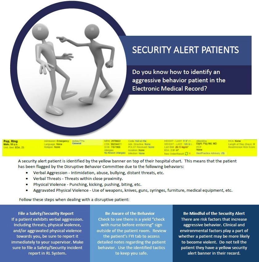 Workplace Violence Committee flier about security alert patients