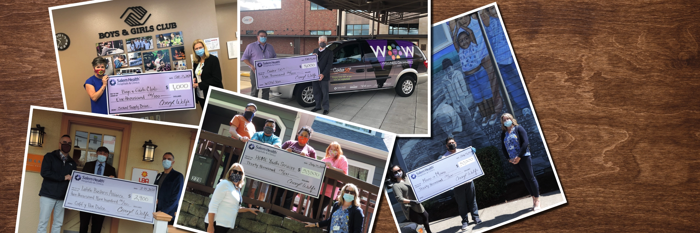 AphotocollageofgiantcheckceremonieswhereSalemHealthpresentedgrantstolocalorganizations
