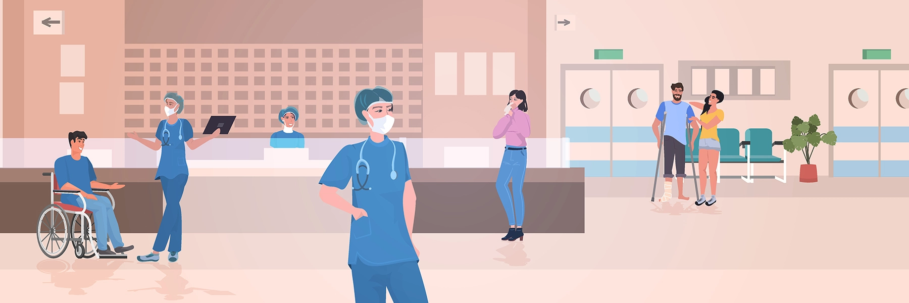 Cartoonstyleimageofnursesandpatientsinclinicfrontdeskandwaitingarea