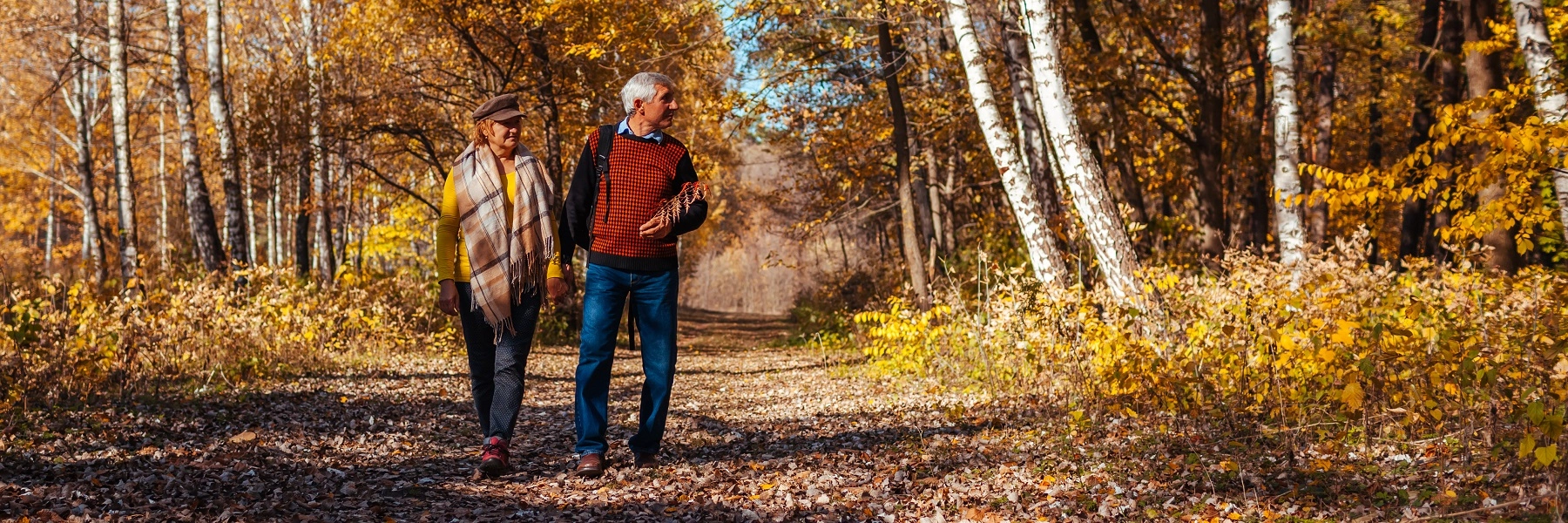 Andolderwhitecouplewalksthroughthefallleavesalongawoodedpath