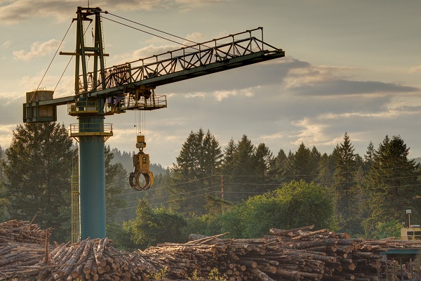 Log loader crane at lumber yard in Lyons, Oregon