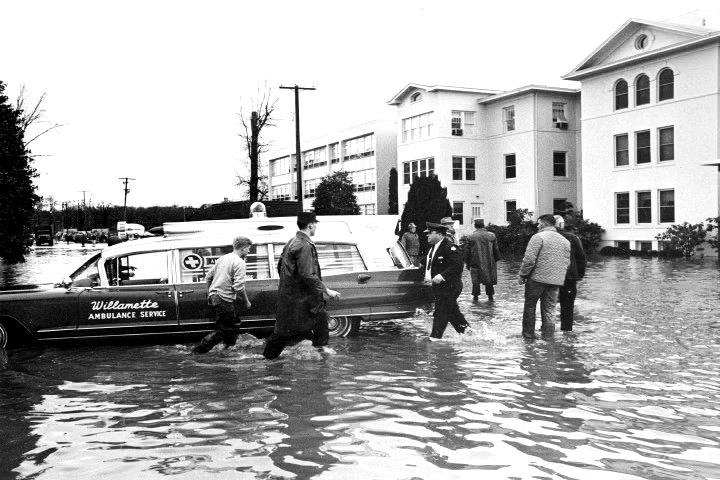 An ambulance helps evacuate patients - Salem Memorial Christmas Flood 1964