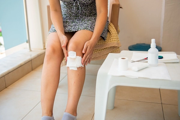 A young woman prepares to change a bandage on her leg with first aid supplies at home.