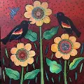 Colorfulpaintingofthreeflowersandtwored-wingedblackbirds