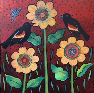 Colorfulpaintingofthreeflowersandtwored-wingedblackbirds