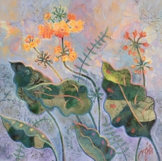 Colorfulpaintingoffourgreenleavesandthreesmallblossoms