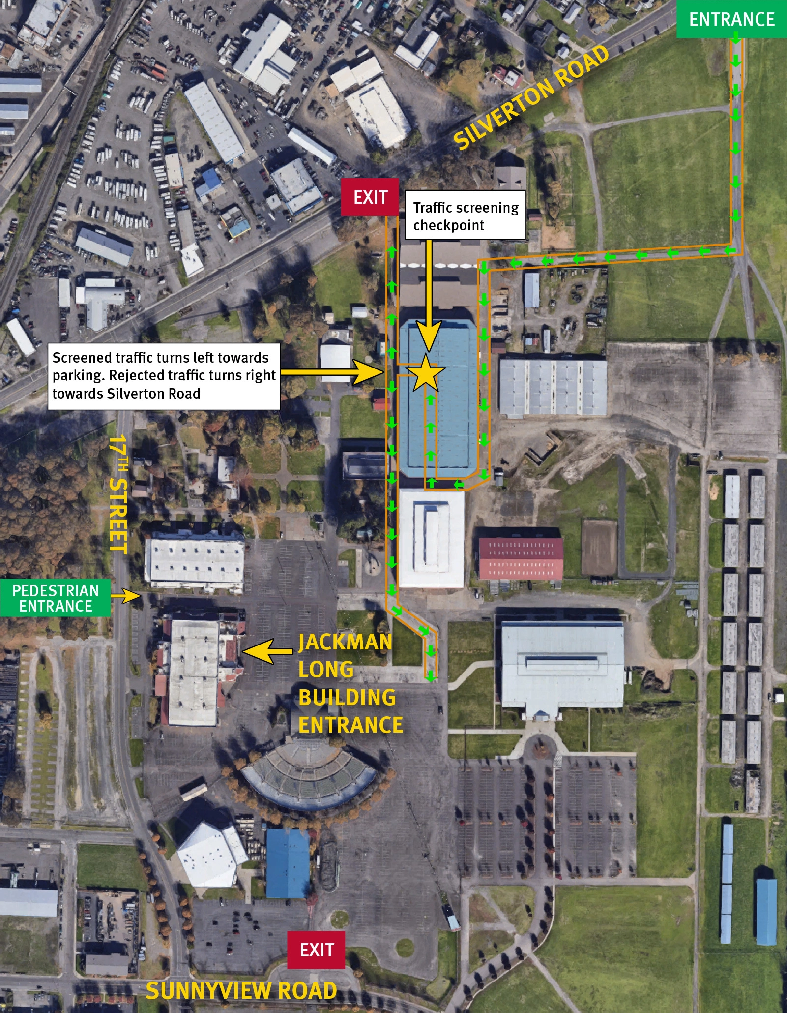 AerialviewofOregonStateFairgroundsshowingentranceandexitforvaccineclinic