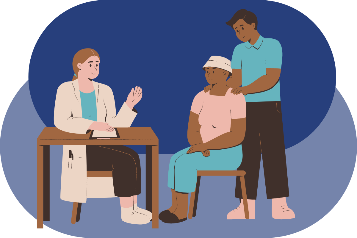 Cartoon illustration of a doctor meeting with a patient and their spouse.